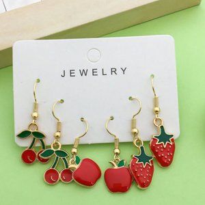 3 Pairs - Apple Strawberry Cherry Earrings